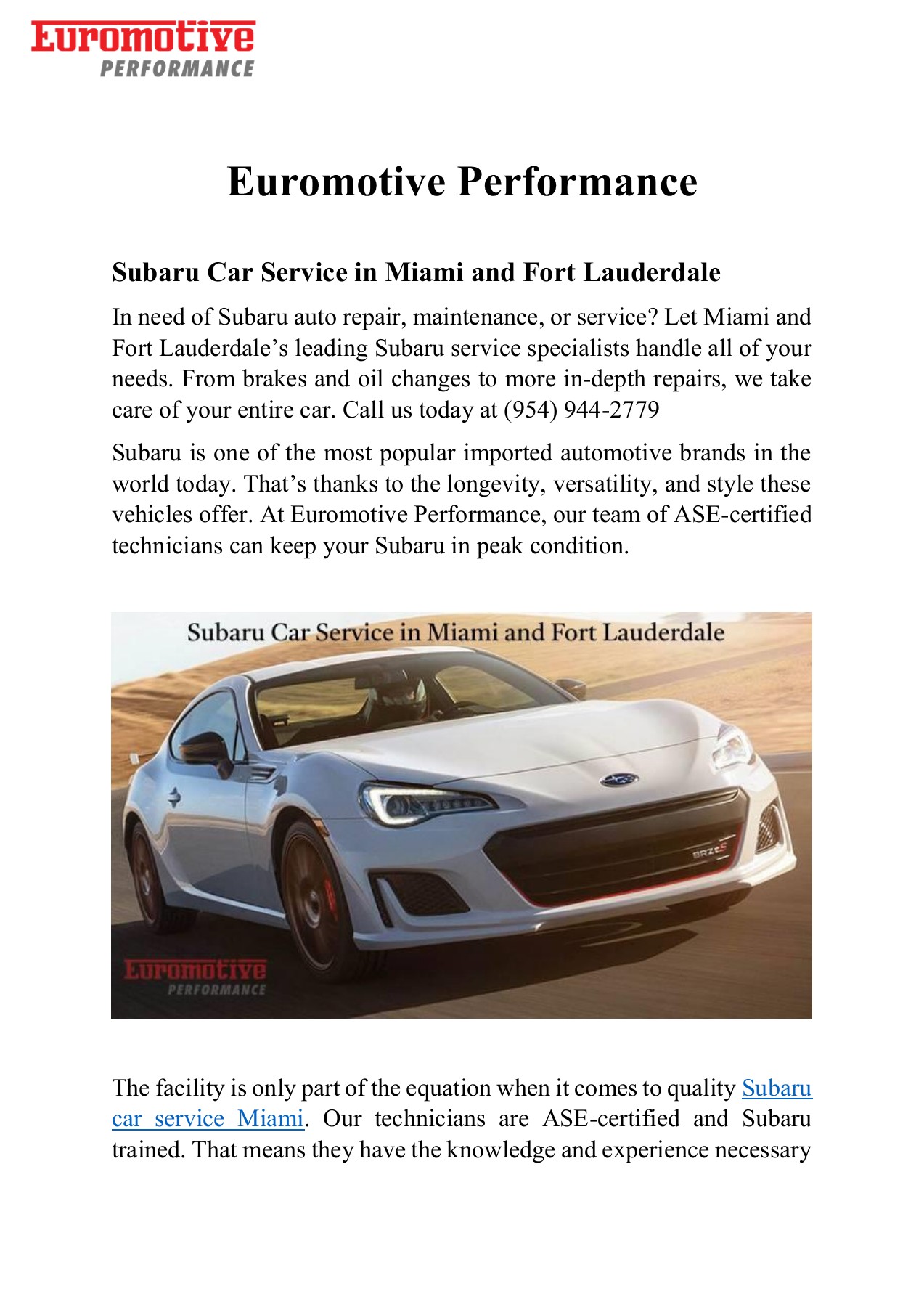 Subaru Car Service in Miami and Fort Lauderdale Euromotive