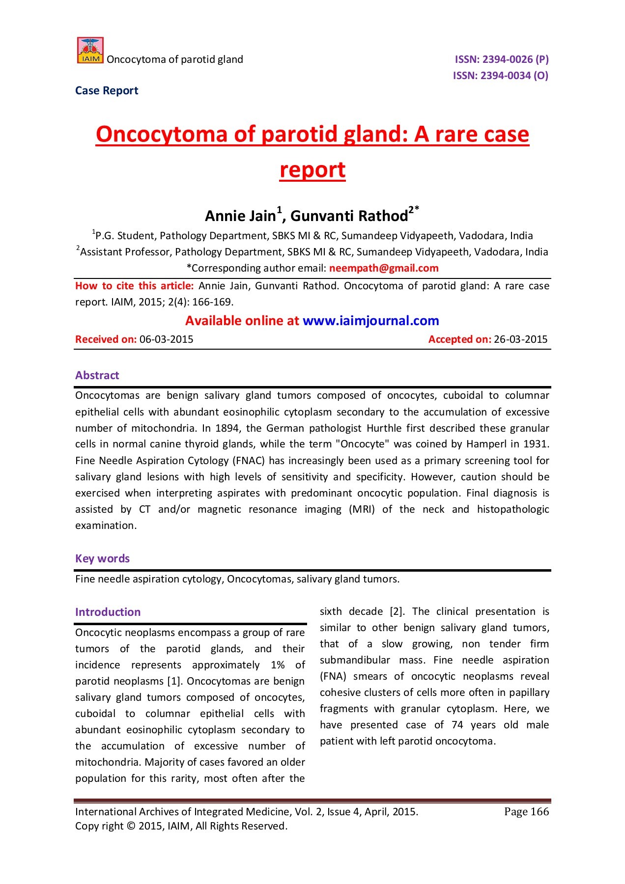 Oncocytoma of parotid gland A rare case report iaim.editor Page 1