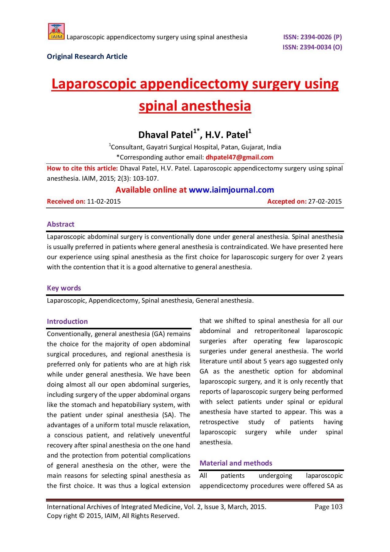 Laparoscopic appendicectomy surgery using spinal anesthesia iaim