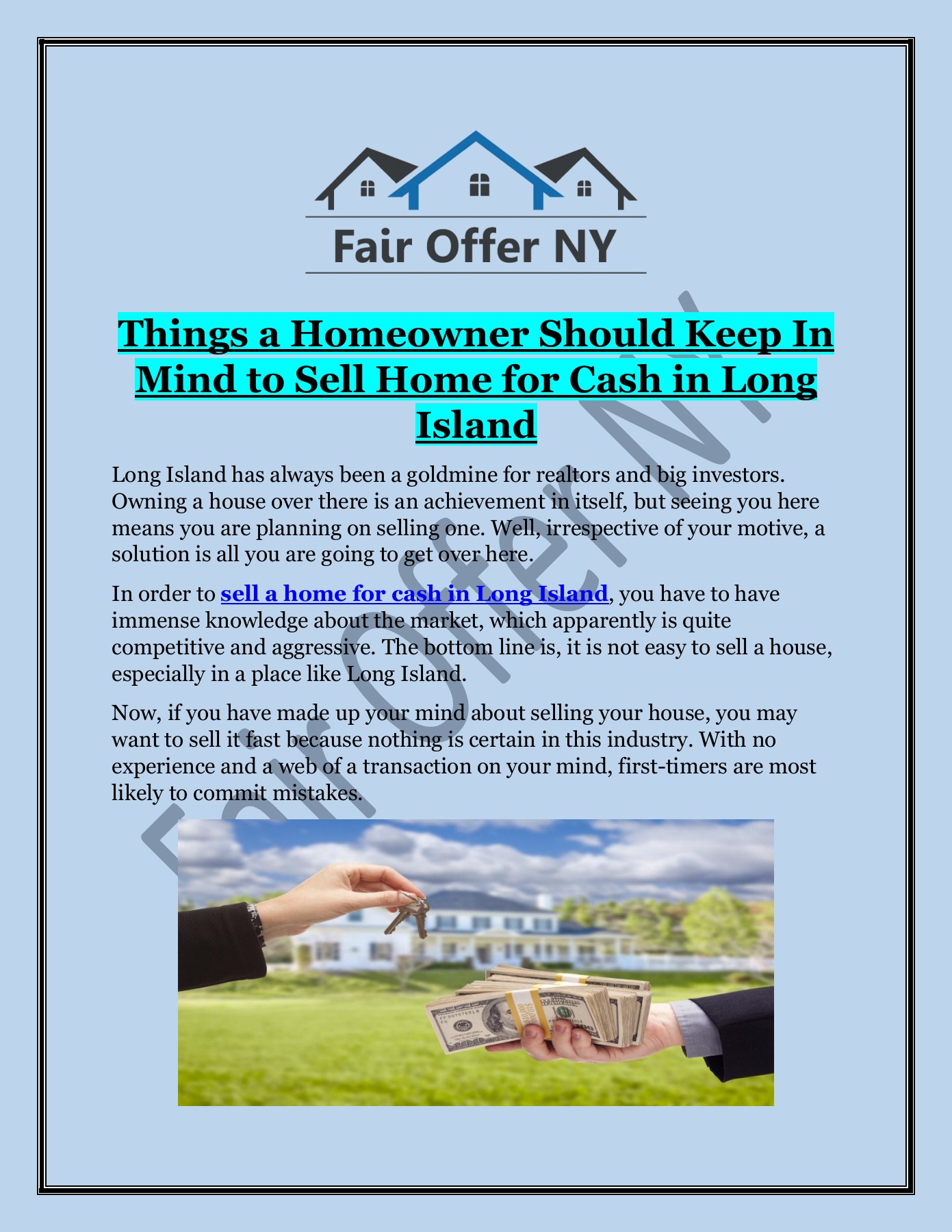 Sell Home for Cash in Long Island Fair Offer NY Fair Offer New York