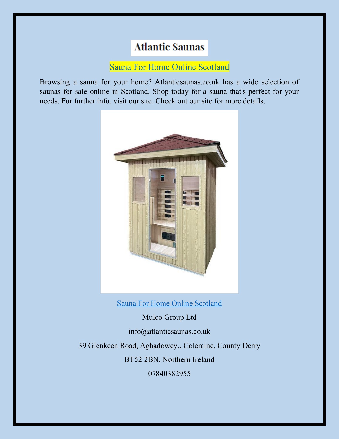 Sauna For Home Online Scotland Atlanticsaunas.co.uk Mulco Group