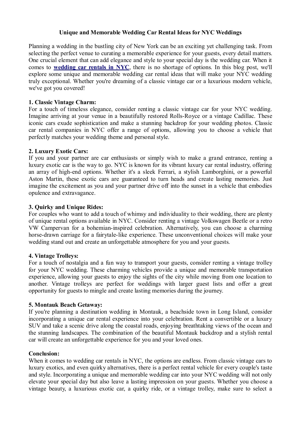 Unique and Memorable Wedding Car Rental Ideas for NYC Weddings