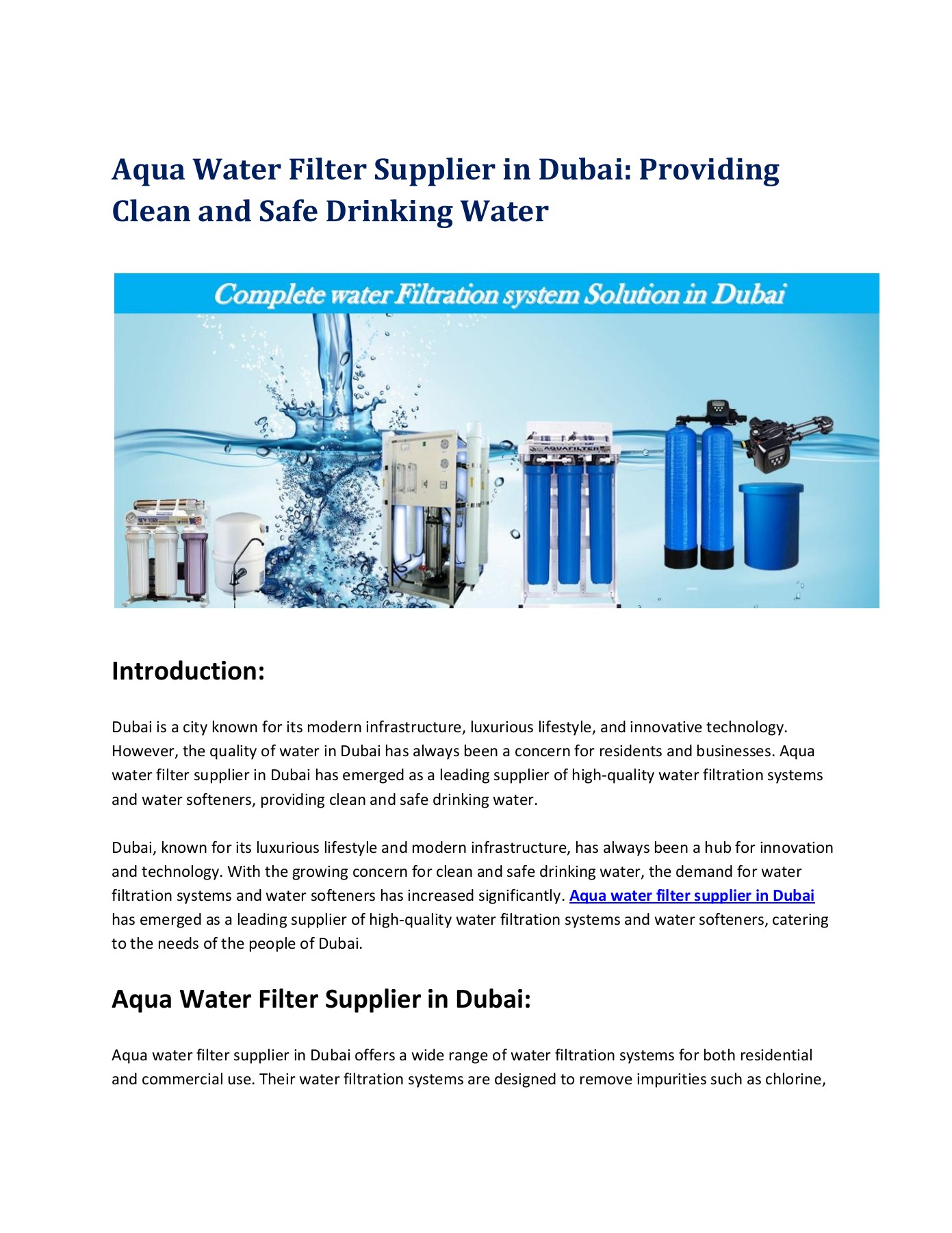Aqua Water Filter Supplier in Dubai Providing Clean and Safe Drinking