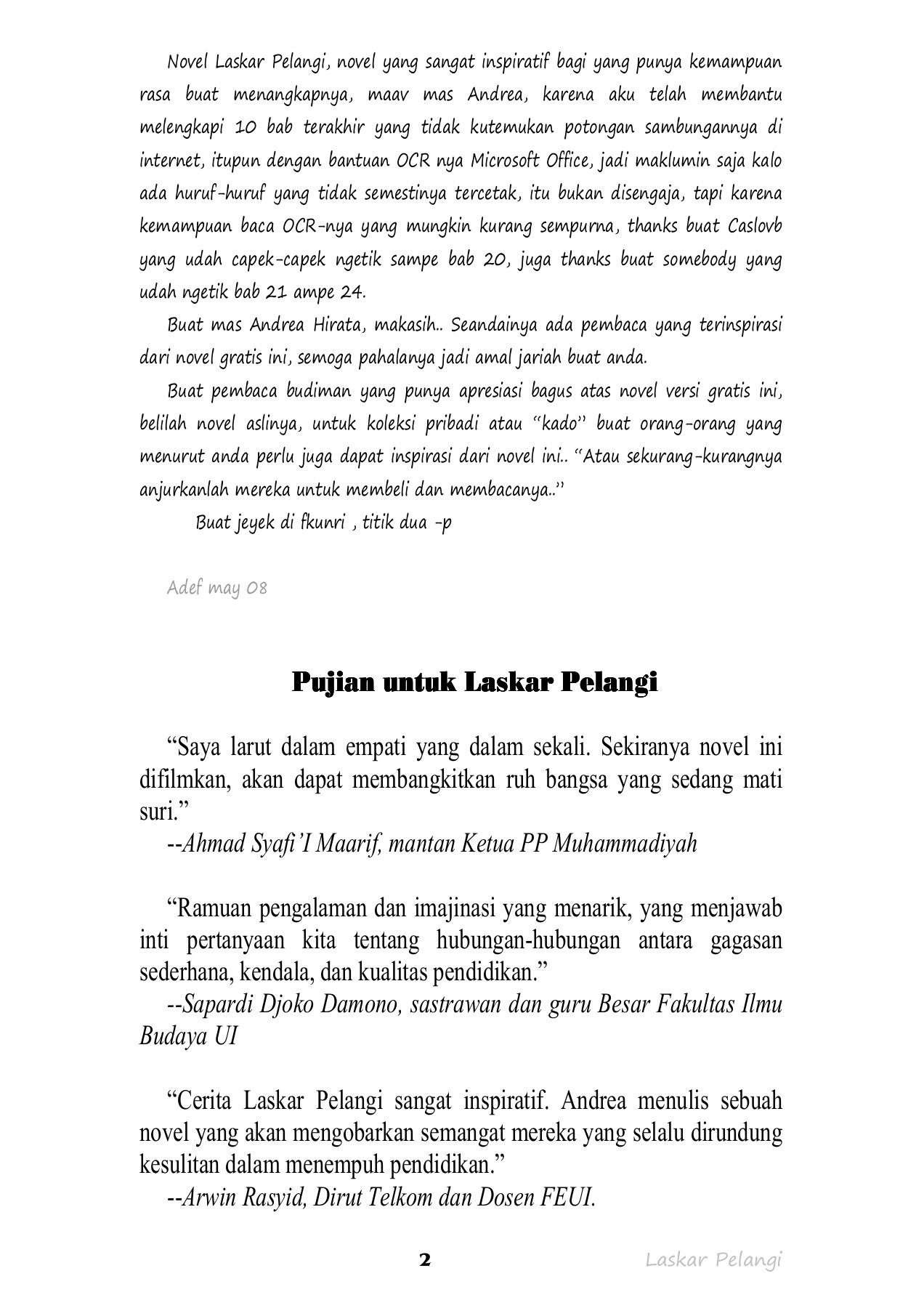 Laskar Pelangi, Andrea Hirata MTs Muhammadiyah Pekuncen Halaman 2
