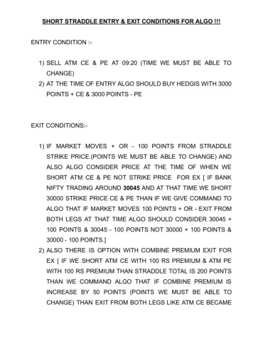 SHORT STRADDLE ENTRY & EXIT CONDITIONS FOR ALGO