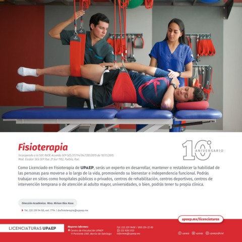 ComoLicenciadoenFisioterapiadeUPAEPserásunexpertoendesarrollarmantenerorestablecerlahabilidaddelaspersonasparamoversealolargodelavidapromoviendosubienestareindependenciafuncionalPodrástrabajarensitioscomohospitalespúblicosoprivadoscentrosderehabilitacióncentrosdeportivoscentrosdeintervencióntempranaodeatenciónaladultomayoruniversidadesobienpodrástenertupropiaclínica