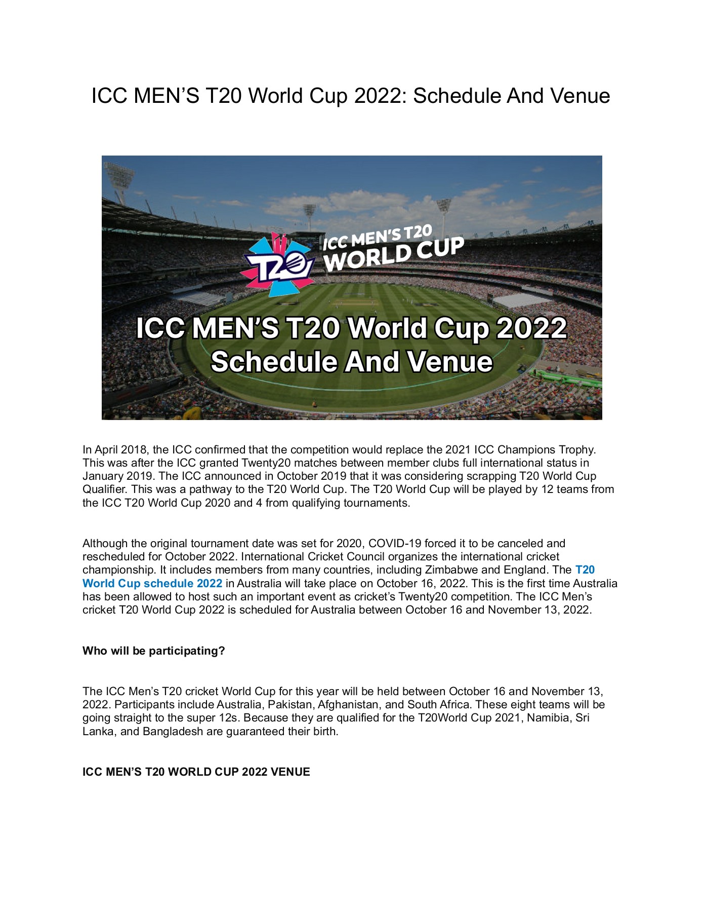 ICC MEN’S T20 World Cup 2022_ Schedule And Venue aslambettingtipsipl