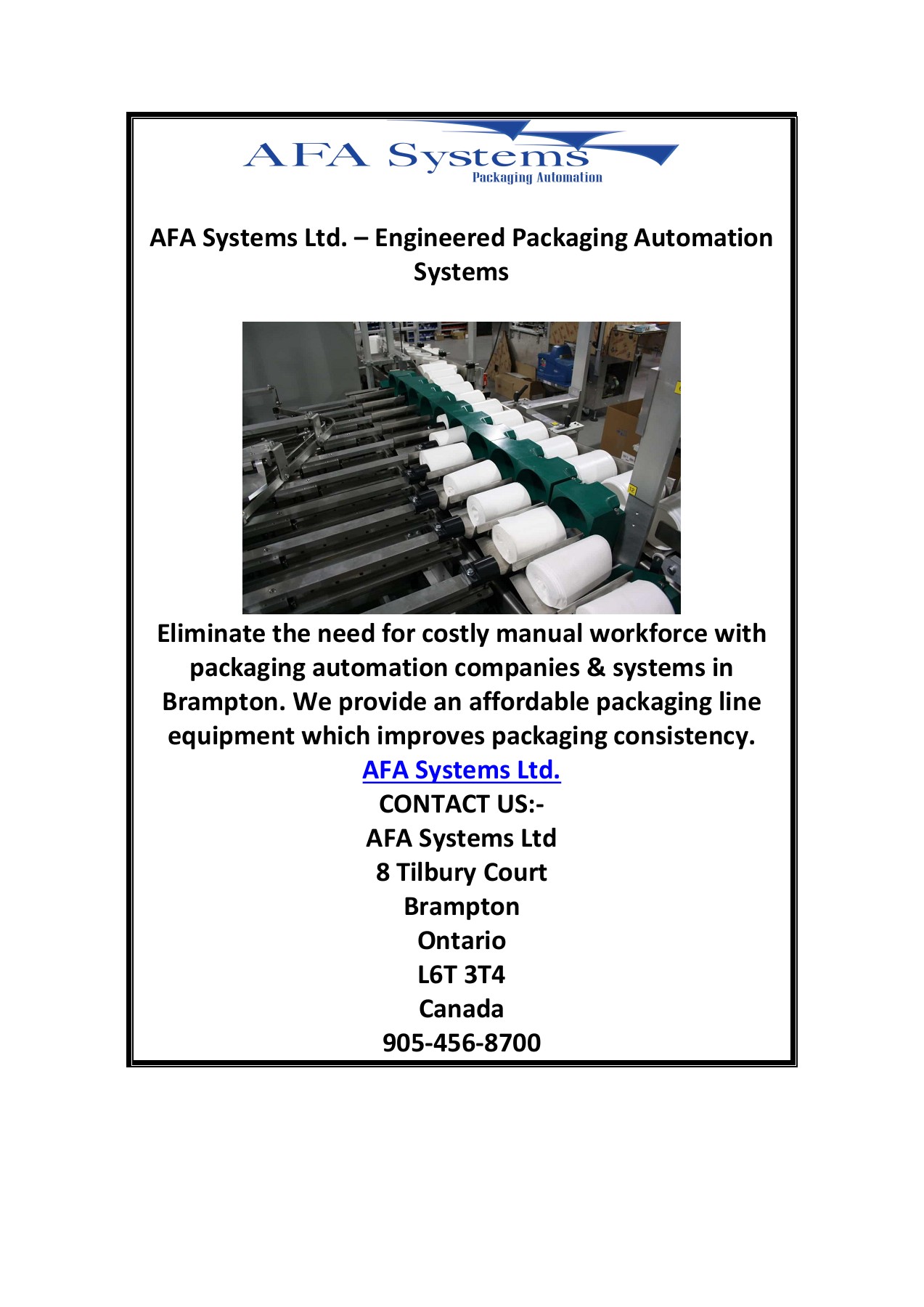 AFA Systems Ltd. Engineered Packaging Automation Systems Afa System
