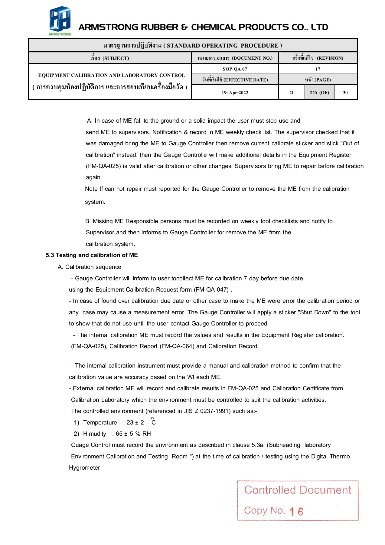 SOPQA07 REV.17 EQUIPMENT CALIBRATION AND LABORATORY CONTROL Nukanya