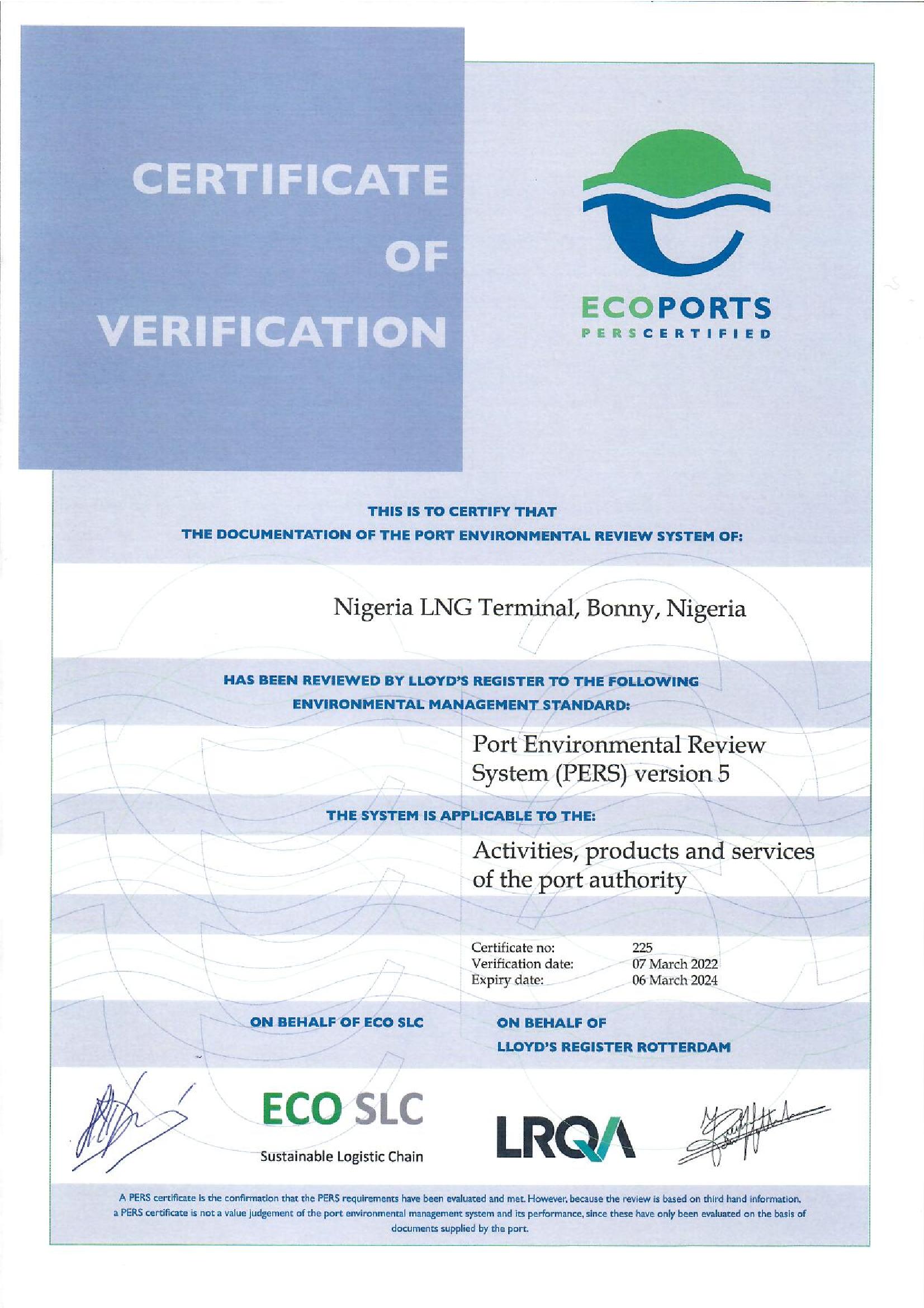 EcoPorts PERS Certificate 2022 NLNG Terminal Nigeria LNG Page 1 1
