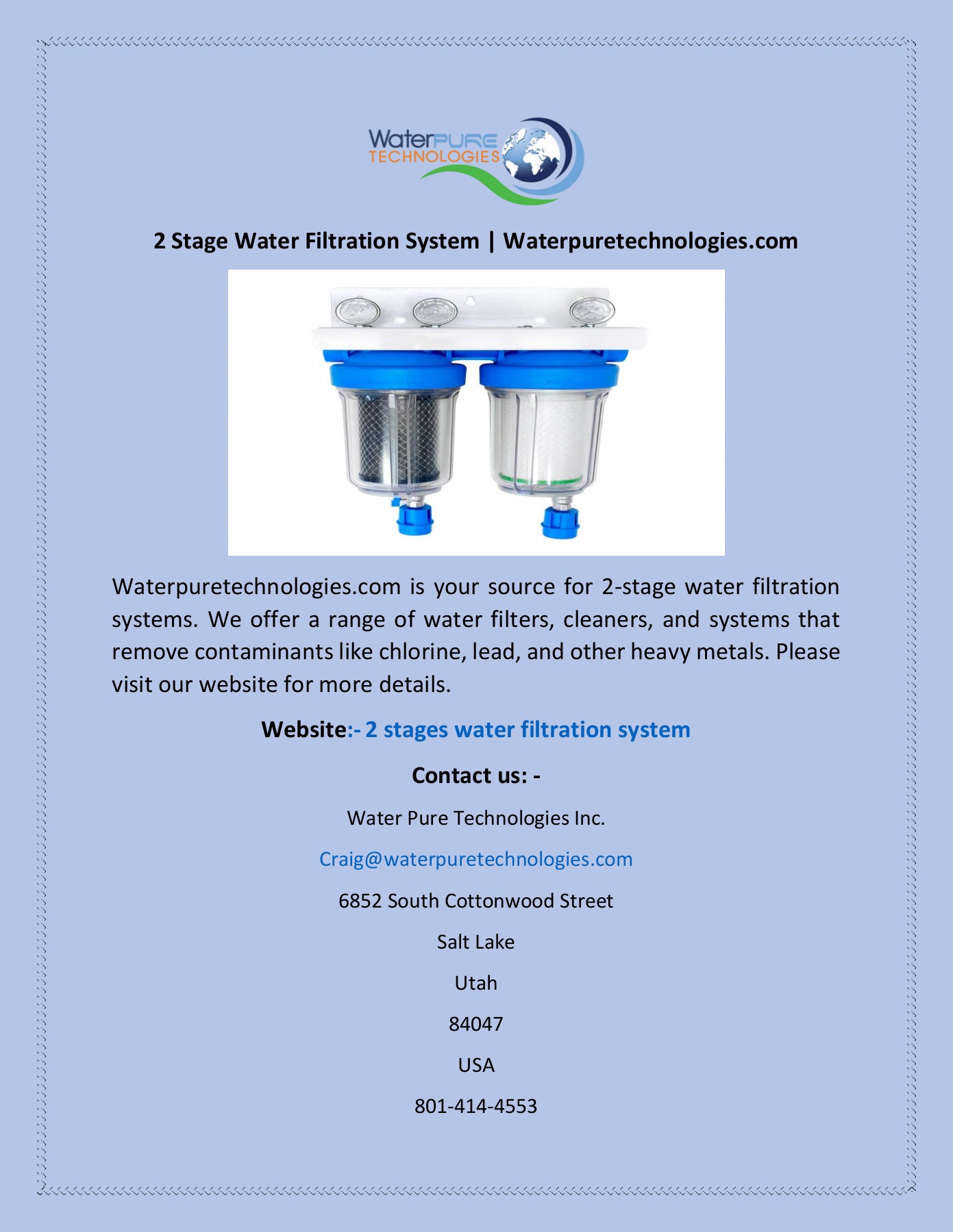 2 Stage Water Filtration System Water
