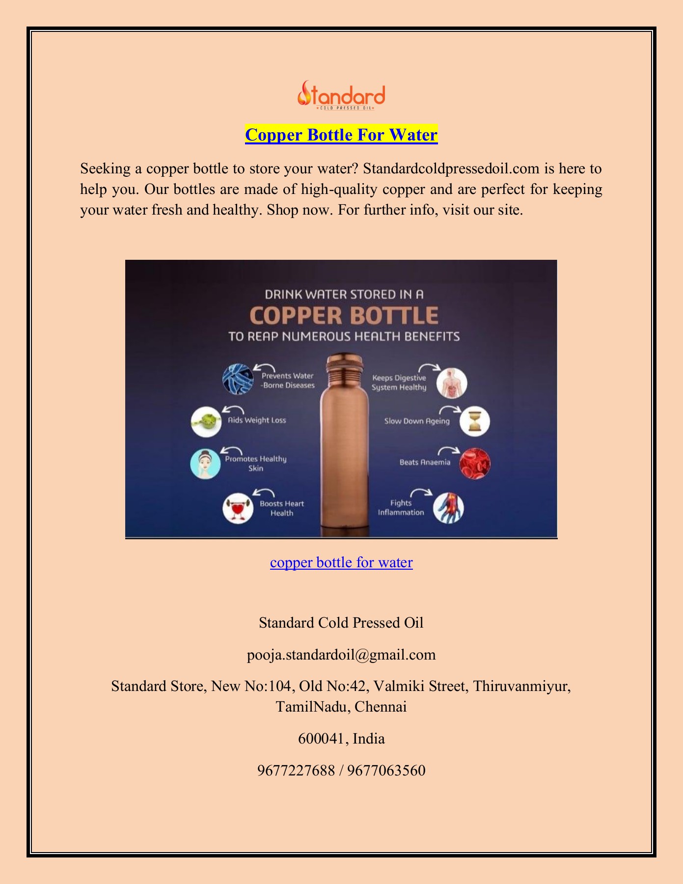 Copper Bottle For Water Standardcoldpressedoil Standard cold Pressed