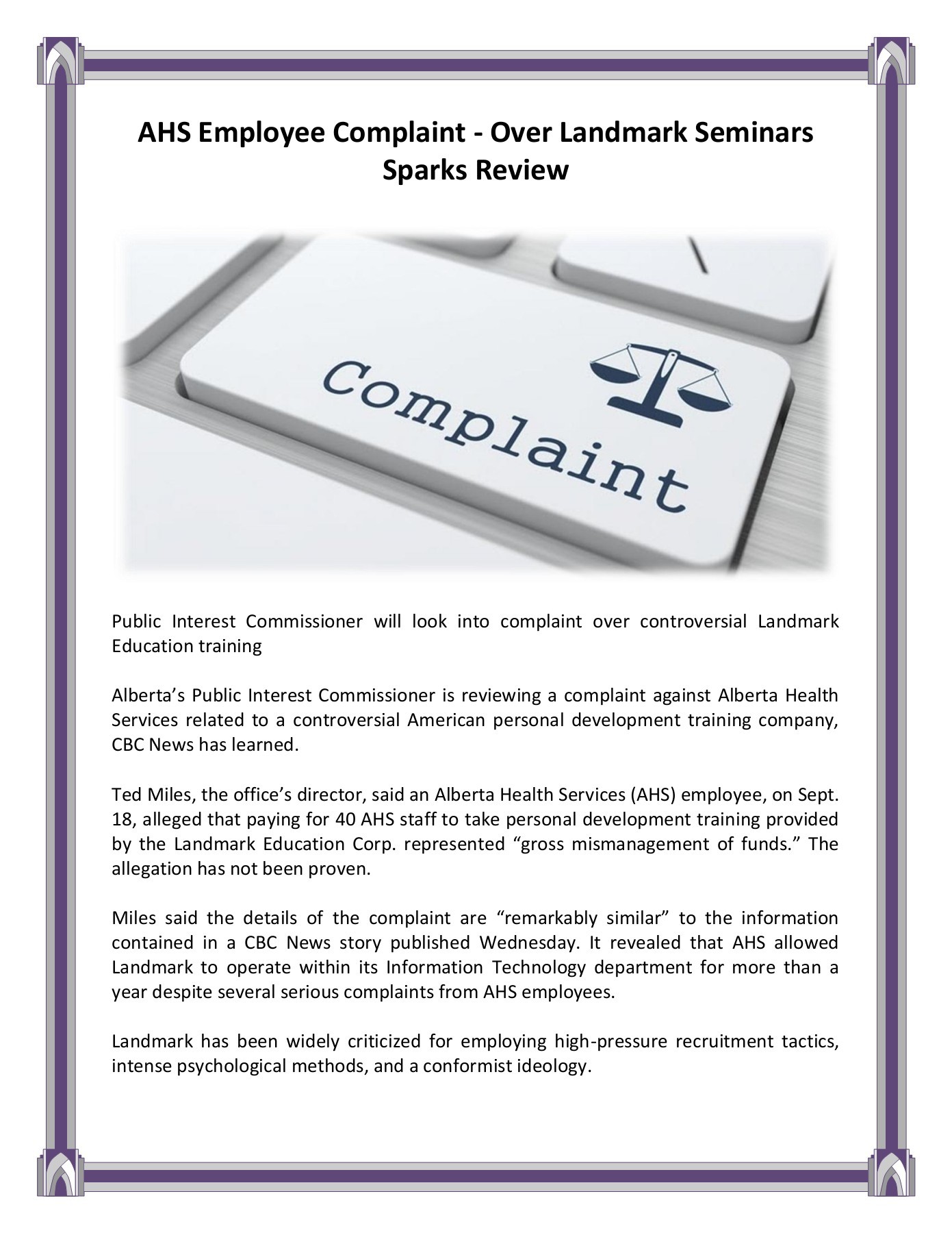 AHS Employee Complaint Over Landmark Seminars Sparks Review