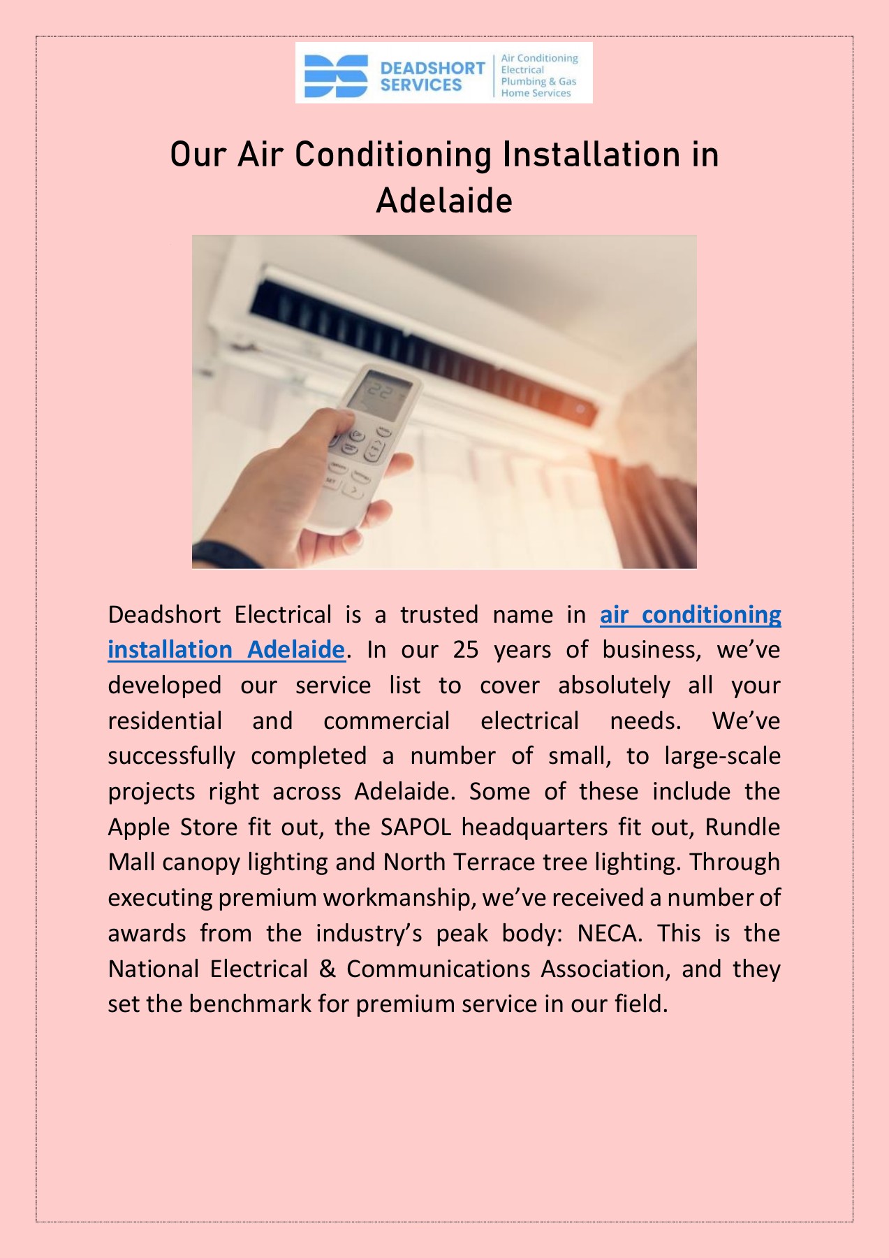 Our Air Conditioning Installation in Adelaide Deadshort Electrical