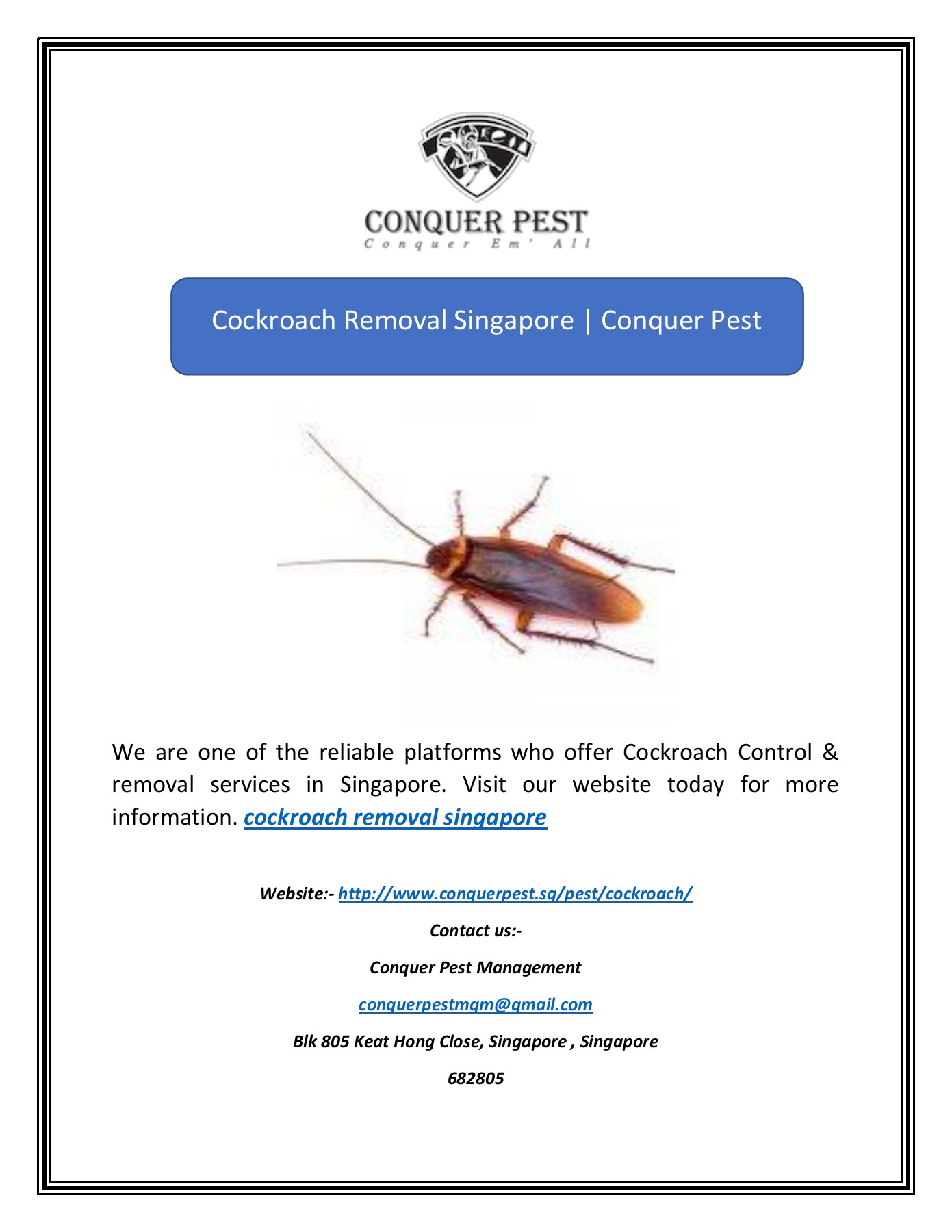 Cockroach Removal Singapore Conquer Pest Conquer Pest Management