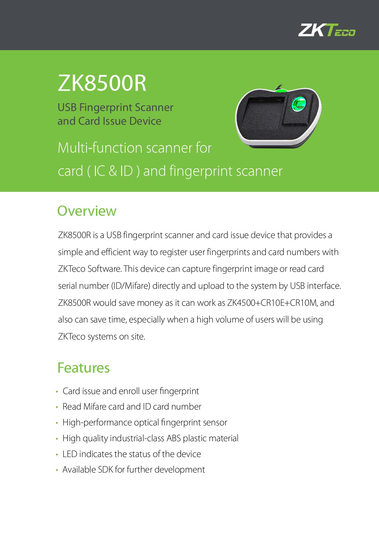 ZKTeco ZK8500R USB Fingerprint Scanner Price In Bd