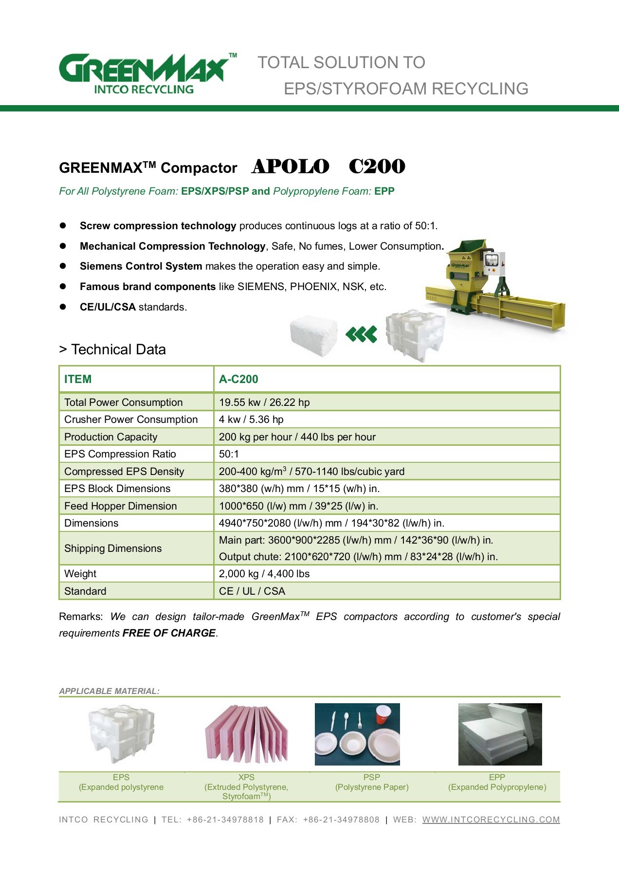 Technical Data_Low cost of waste plastic recycling machine amyleebest