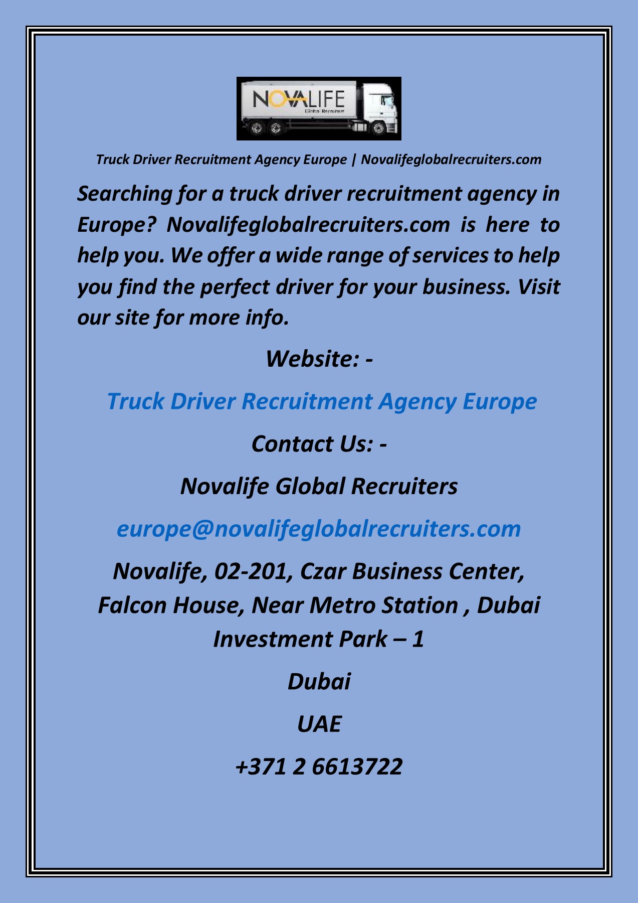 Truck Driver Recruitment Agency Europe Novalifeglobalrecruiters