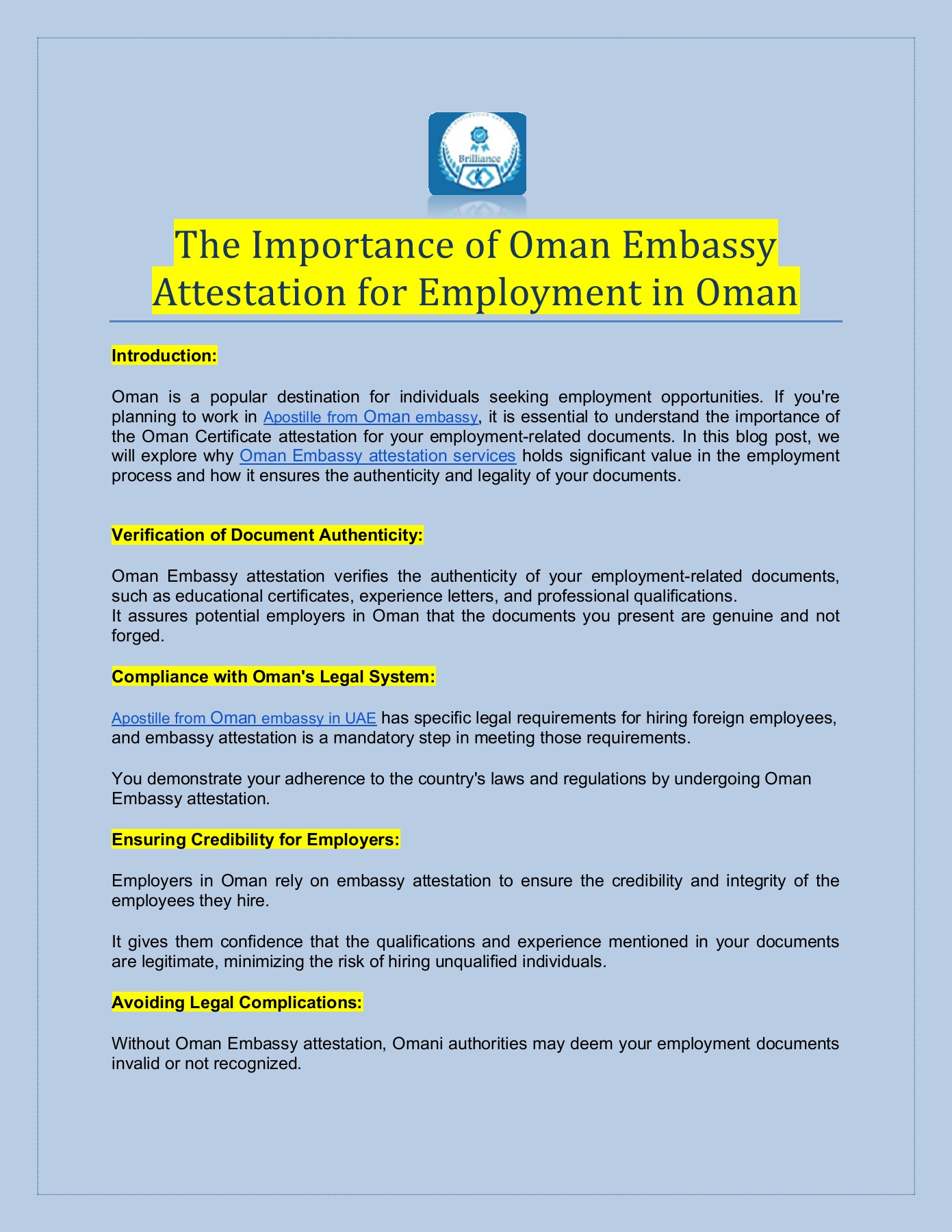 The Importance of Oman Embassy Attestation for Employment in Oman