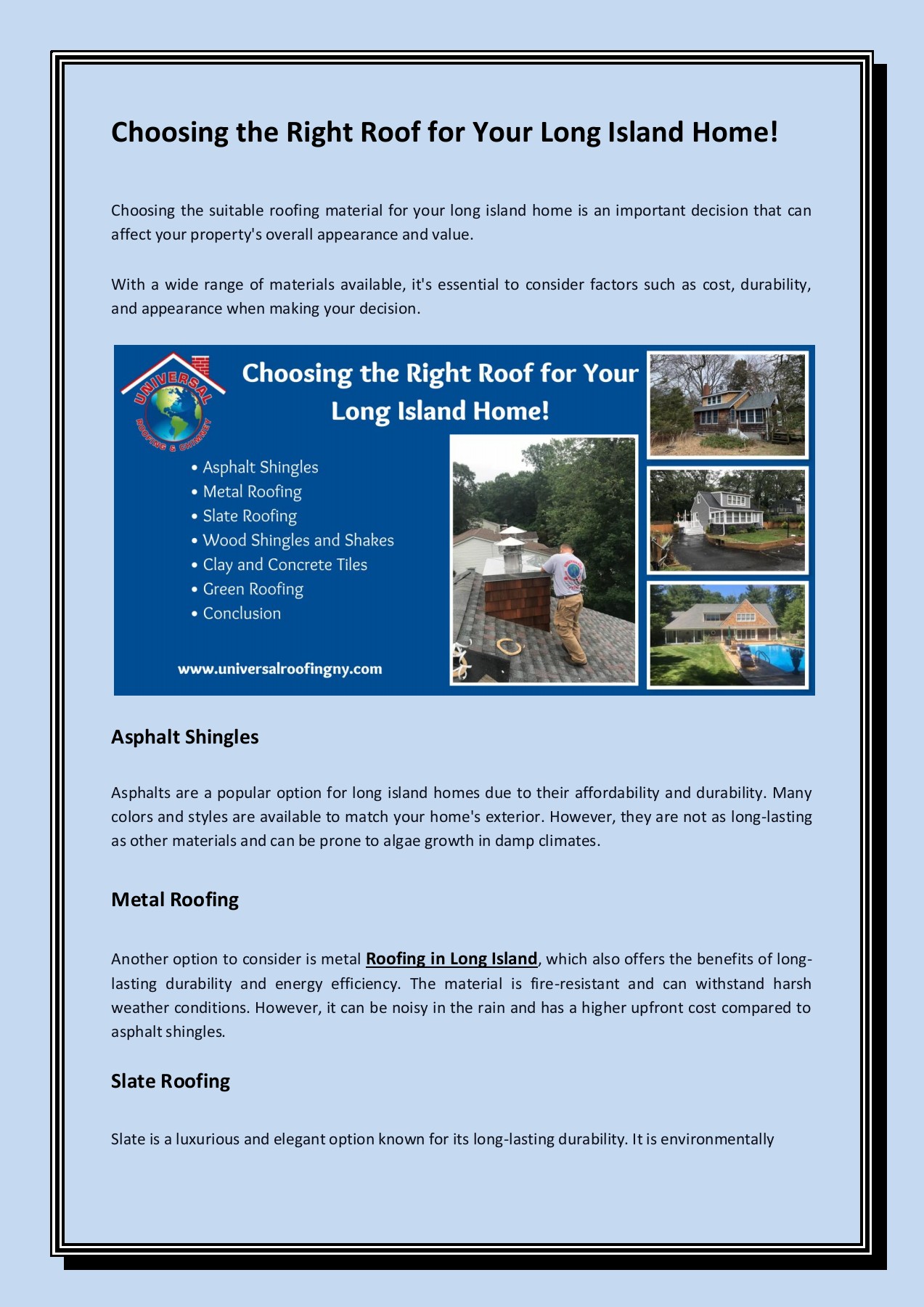 Choosing the Right Roof for Your Long Island Home! Universal Roofing