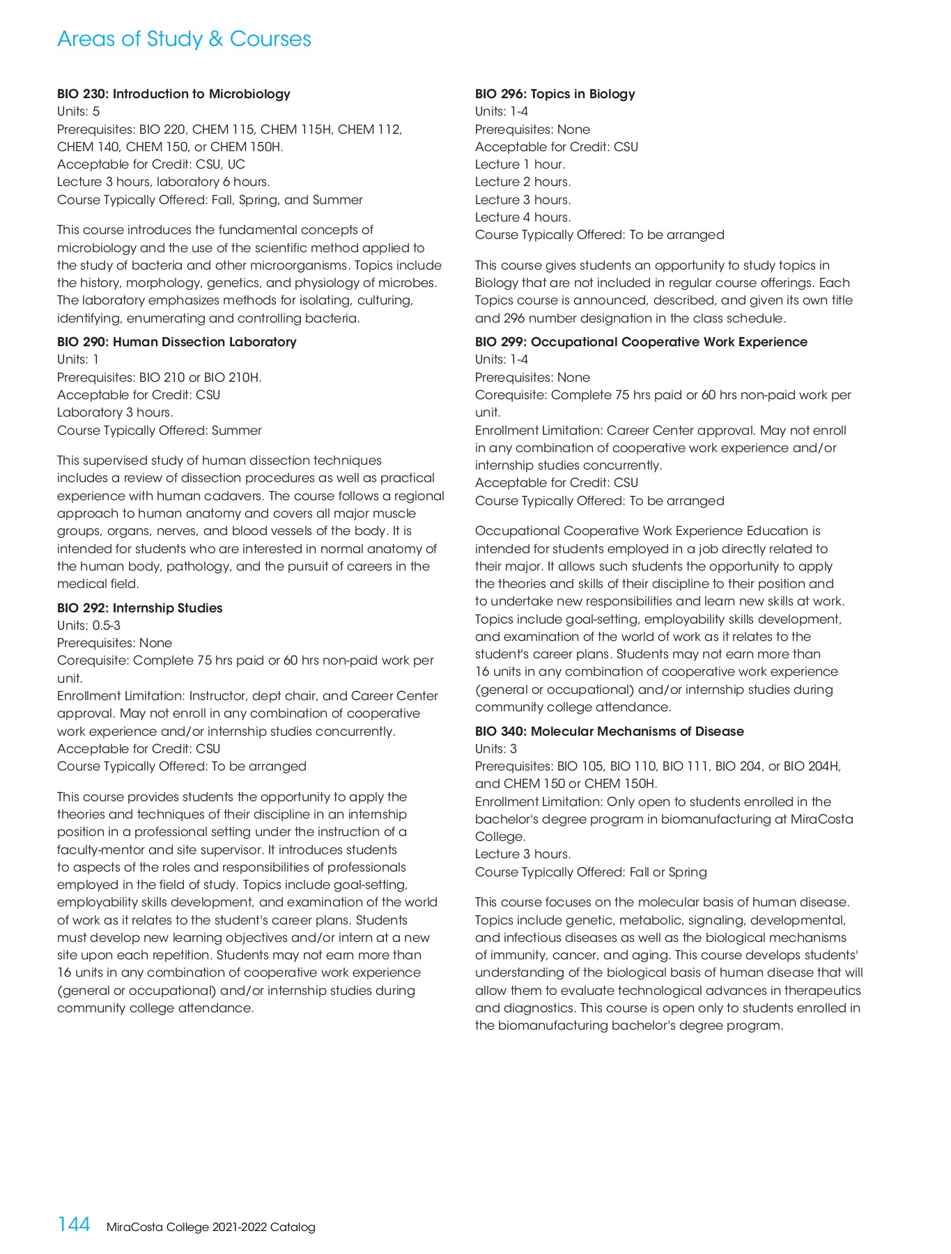 MiraCosta College 20212022 Catalog MiraCosta College Page 144