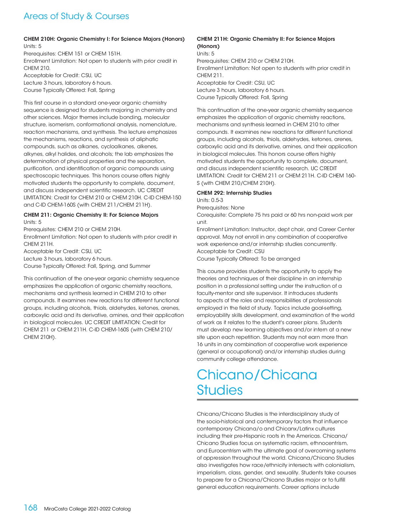 MiraCosta College 20212022 Catalog MiraCosta College Page 168