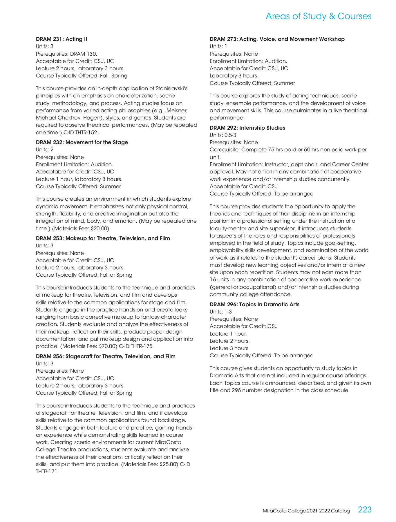 MiraCosta College 20212022 Catalog MiraCosta College Page 223
