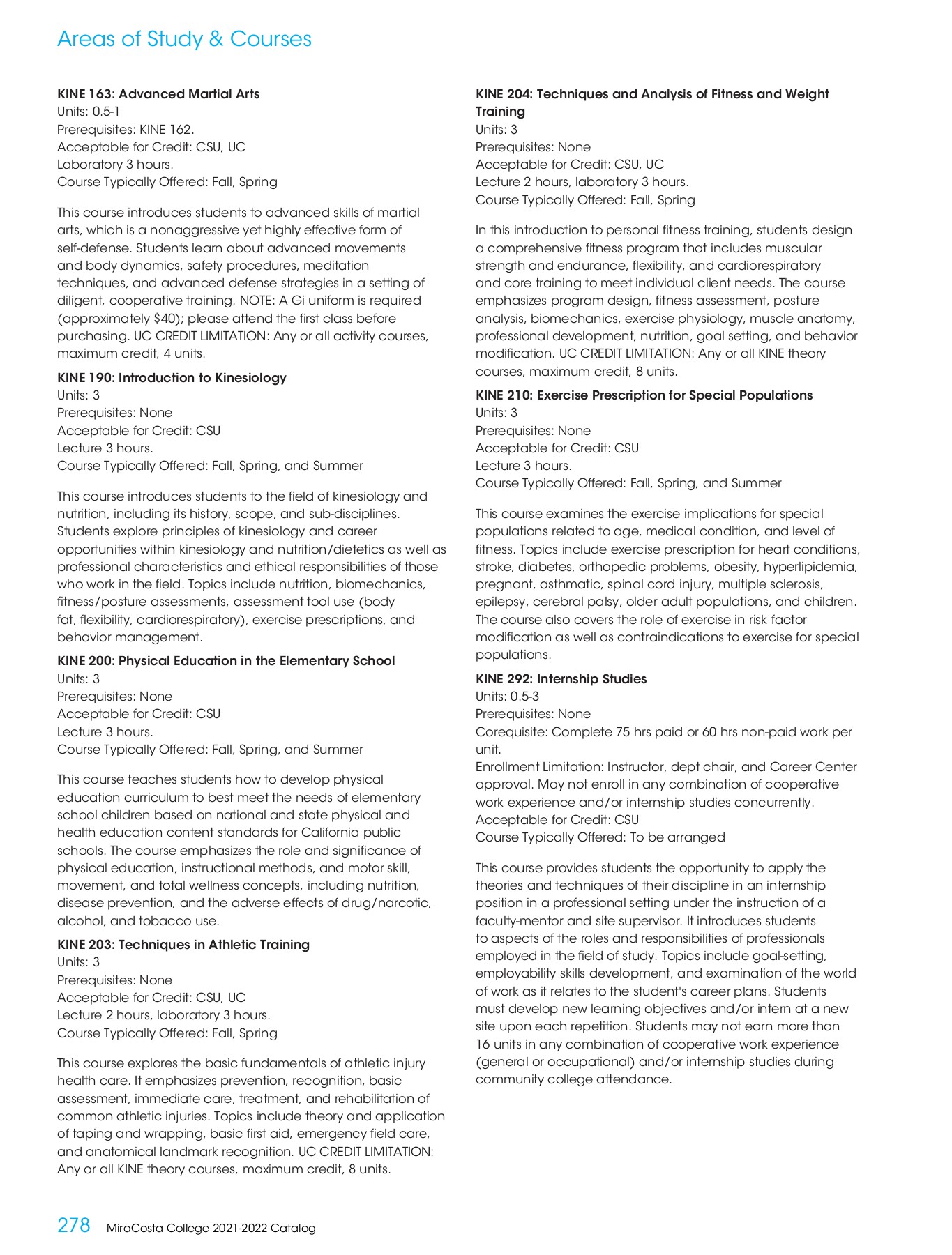 MiraCosta College 20212022 Catalog MiraCosta College Page 278