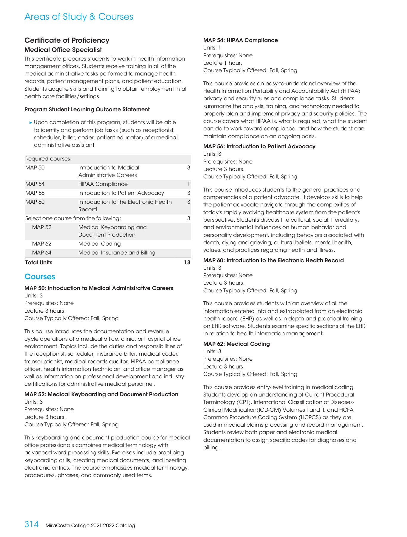 MiraCosta College 20212022 Catalog MiraCosta College Page 314