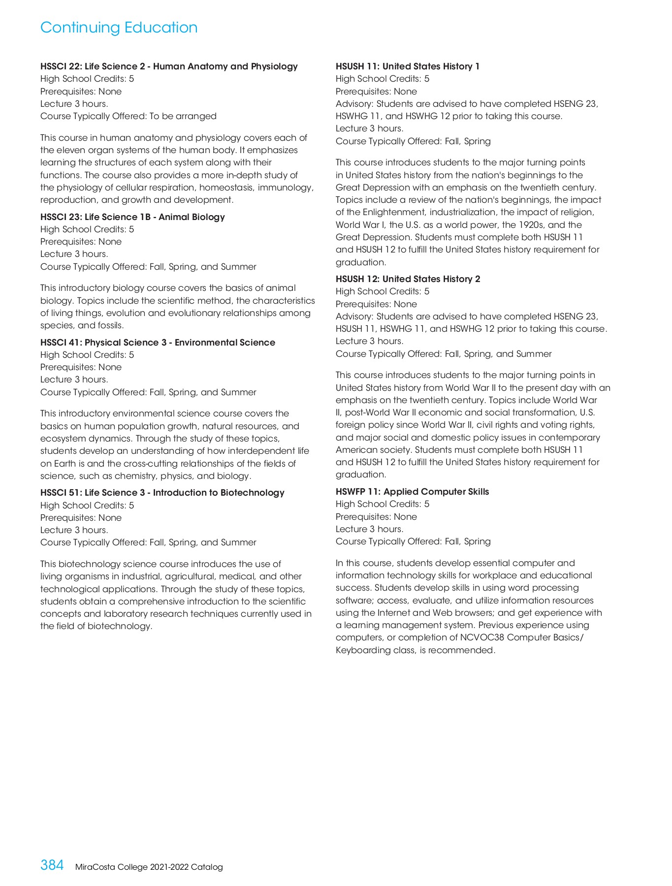 MiraCosta College 20212022 Catalog MiraCosta College Page 384