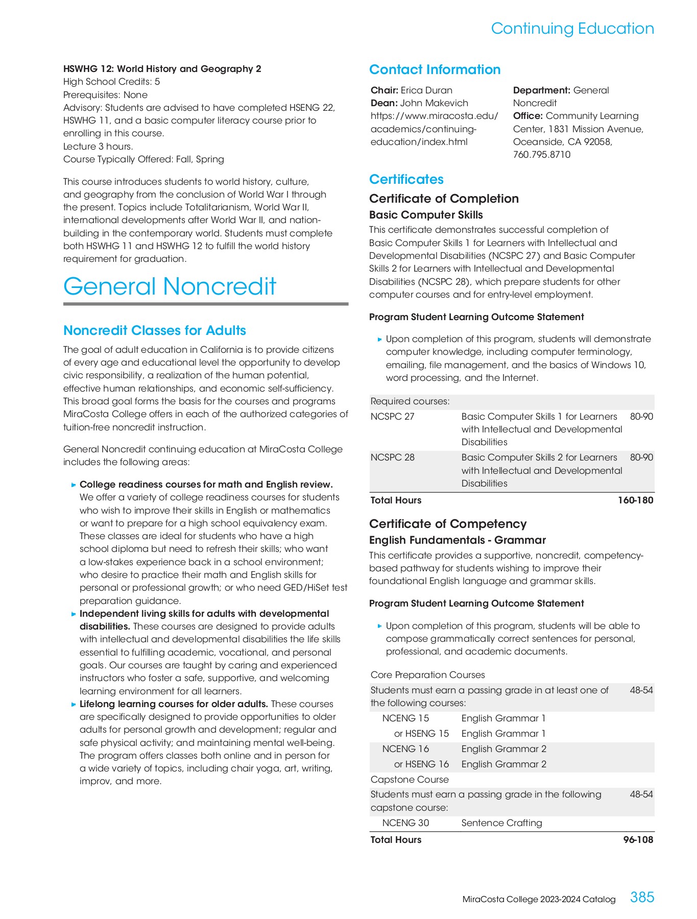 MiraCosta College 20232024 Catalog MiraCosta College Page 385