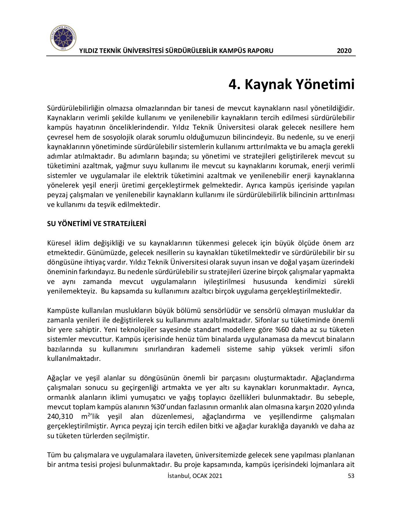 YILDIZ TEKNİK ÜNİVERSİTESİ SÜRDÜRÜLEBİLİR KAMPÜS RAPORU 2020  
