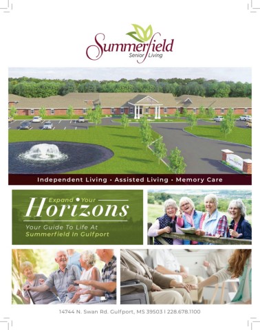 SummerfieldSeniorLivingisproudtoannounceitsnewestcommunityslatedforopeninginSpringof2021Nestledon21beautifulacresonNorthSwanRoadinGulfportMississippijustoffofHighway49northofI10–thepropertywillconsistof88apartmentstyleresidencesThelocationforthedevelopmentwillcombinetheaccessandproximitytoalloftheresourcesandattractionsthattheGulfportBiloximetroareahastoofferwiththeserenityoftheruralsettingenjoyedbymanyresidentsofSouthMississippiThecommunityanditsfacilitiesarebeingdevelopedinordertocoexistamongstthenaturalbeautyofthepropertycreatinganaturereservewithstockedpondsandamplewalkingtrailsThecommunityfacilitieswillbecomprisedof8interconnectedbuildingssurroundingimpeccablylandscapedcourtyards