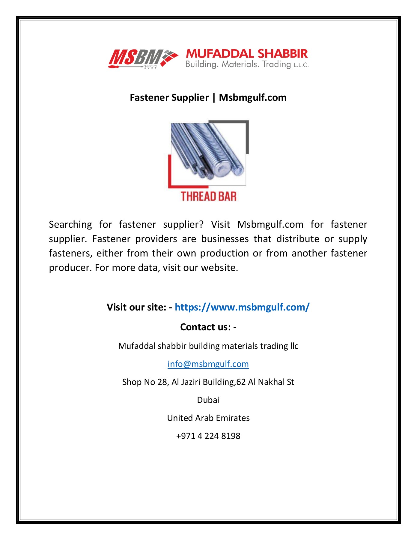 Fastener Supplier Mufaddal shabbir building materials