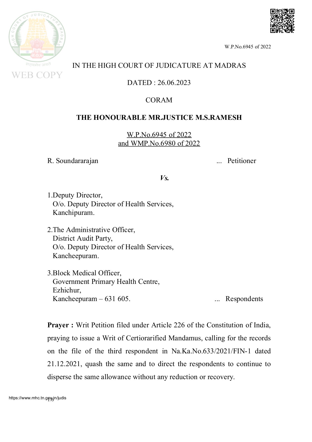 2023 June 26 th Judgement in WP No 6945 of 2022 reg Recovery of