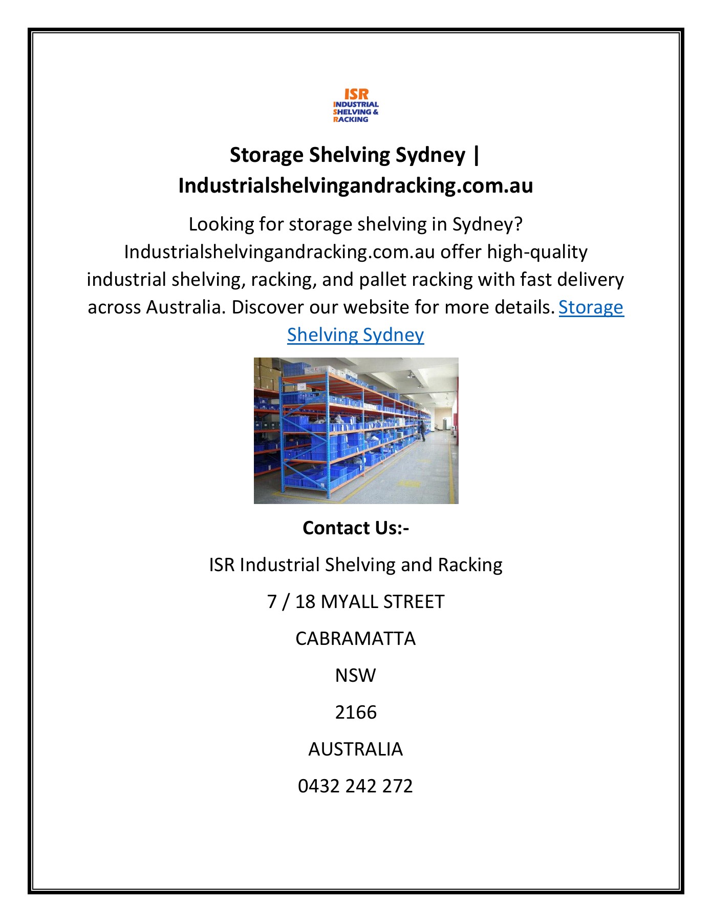Storage Shelving Sydney ISR